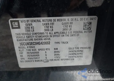 2017 Chevrolet Silverado 1500 2Lz z USA, uszkodzony, nr VIN 3GCUKSEC5HG420662